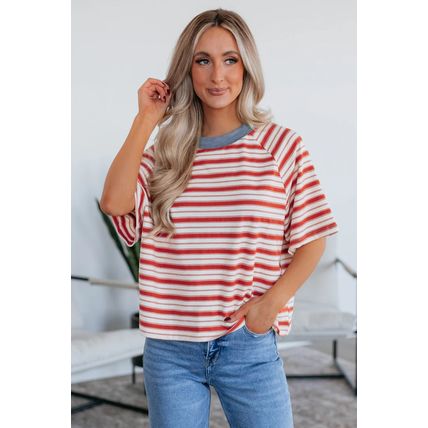Tomato Red Stripe Print Contrast Collar Raglan Sleeve T Shirt
