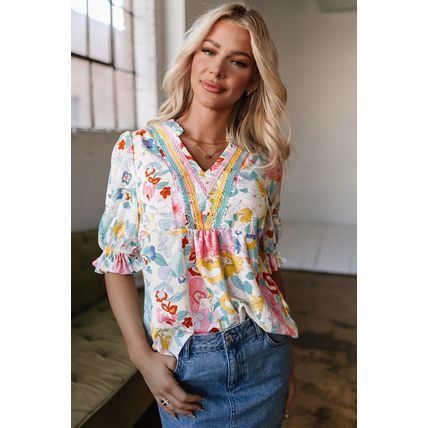 Pink Boho Flower Print Half Puff Sleeve Blouse