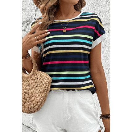 Black Stripe Multicolor Contrast Edge Crew Neck T Shirt