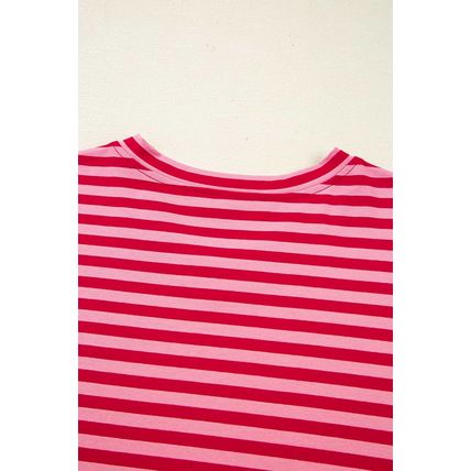 Strawberry Pink Mix Striped Drop Shoulder Patchwork Sleeve V Neck Pullover