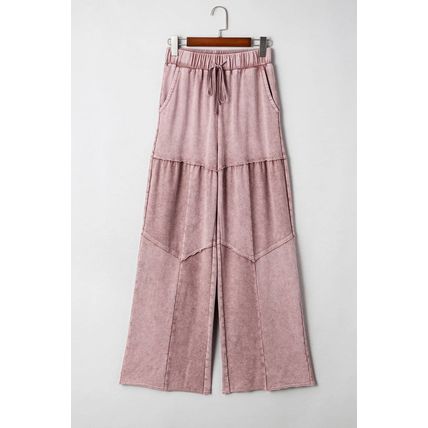 Straw Yellow Mineral Wash Tiered Wide Leg Patchwork Drawstring Pants