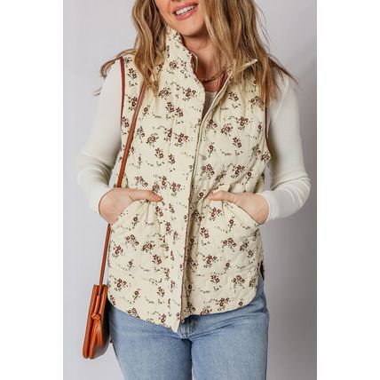 Apricot Floral Print Zip Up Quilted Vest