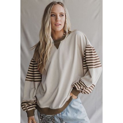 Parchment Striped Colorblock Patchwork Drop Shoulder Sweatshirt