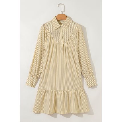 Brown Stripe Collared Neck Cuffed Long Sleeve Drop Waist Mini Dress