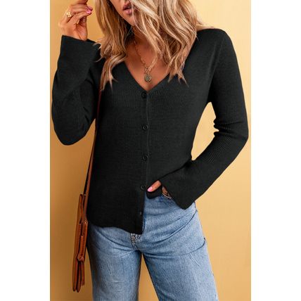 Black Lightweight Ribbed Knit Button Front V Neck Cardigan