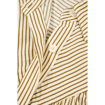 Brown Stripe Collared Neck Cuffed Long Sleeve Drop Waist Mini Dress