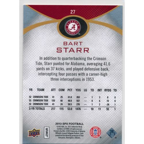 2013 Upper Deck SPx #27 Bart Starr Alabama Crimson Tide
