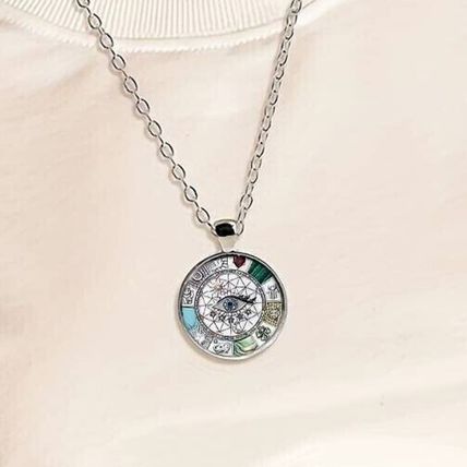 Bohemian Eye Bear Palm Lucky Clover Grass Pattern Glass Round Pendant Necklace