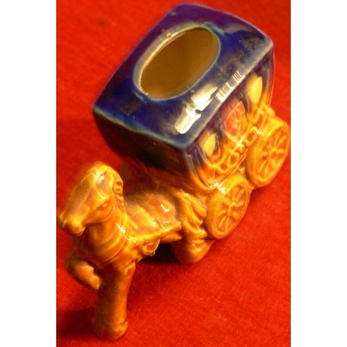 Small Blue Brown Pottery Horse & Carriage Toothpick Holder Switzerland Souvenir