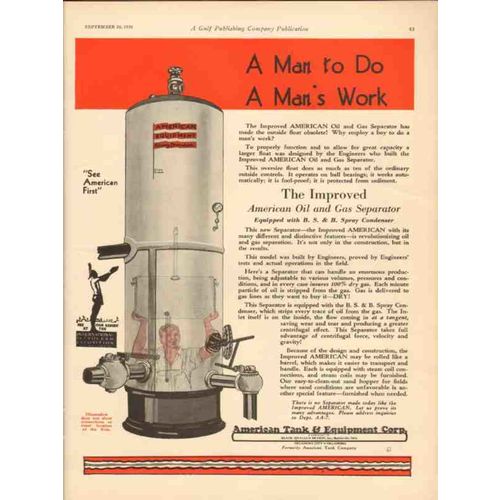 AMERICAN TANK EQUIPMENT CO 1930 Man work improved separator vintage ad