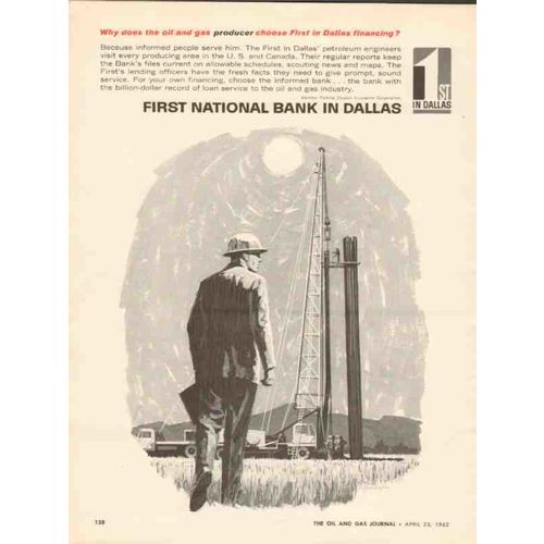 FIRST NATIONAL BANK DALLAS 1962 oil gas producer financing vintage ad