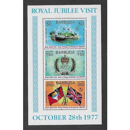 ANTIGUA 1977 SILVER JUBILEE ROYAL VISIT SET 3V MIN SHEET SG MS348 M MINT