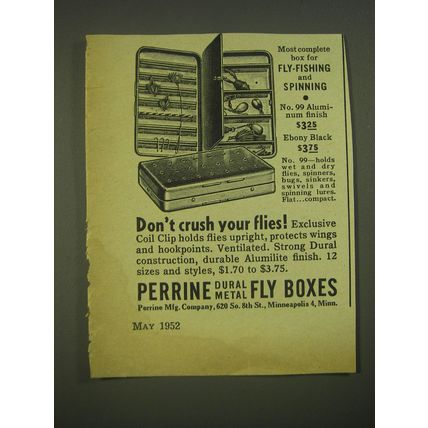 1952 Perrine Dural Metal Fly Boxes Ad - Most complete box for fly-fishing