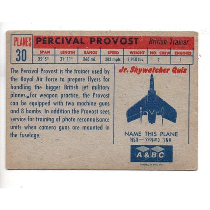 A & B.C. GUM PLANES 94 X 67mm 1958 No.30 PERCIVAL PROVOST BRITISH TRAINER