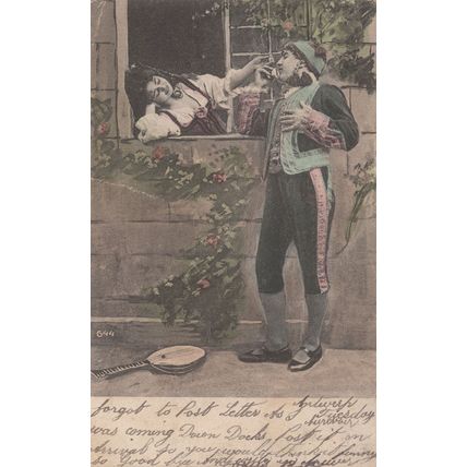 German Banjo Musician Player At Window Old Love Greetings Postcard