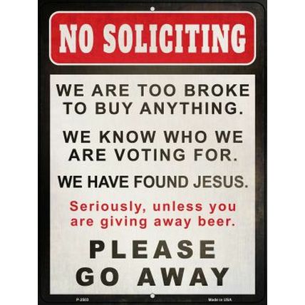 No Soliciting Please Go Away 9x12 Metal Sign funny beer trespassing