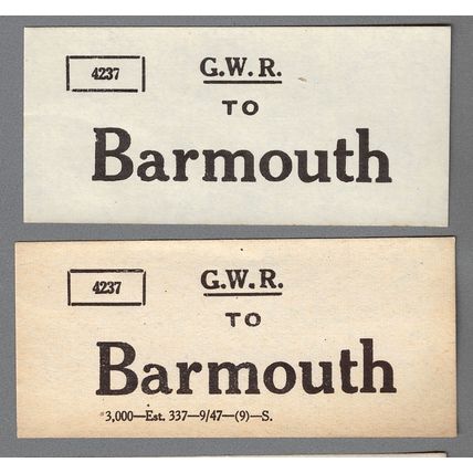 2 GREAT WESTERN RAILWAY OBLONG LUGGAGE LABELs - BARMOUTH - UNDATED & 9/47