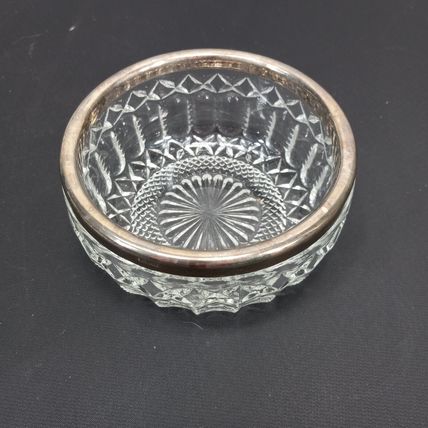 Clear Crystal Design Silver Plated Rim Cut Glass Serving Dish Bowl 4 3/4"