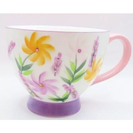 Floral Large Ceramic Cup with Pink Handle Fine China 9.5 CM Gift Tableware