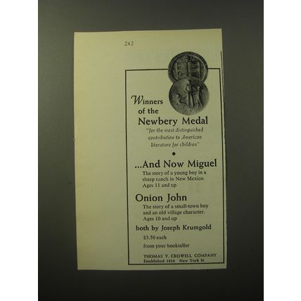 1960 Thomas Y. Crowell Book Ad - And Now Miguel; & Onion John by Joseph Krumgold