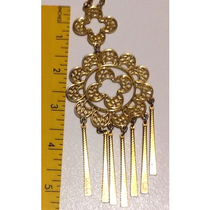 Vintage 70's Boho Goldtone Fringe Ornate Double Medallion Pendate Necklacew RARE