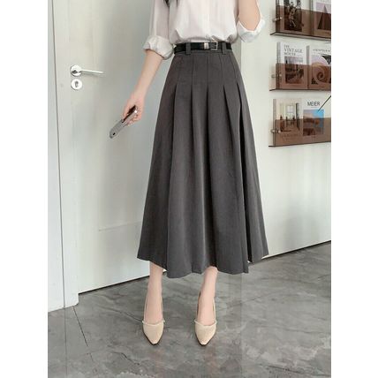 Mid-length high-waisted skirt women for casual pleated skirt with belt