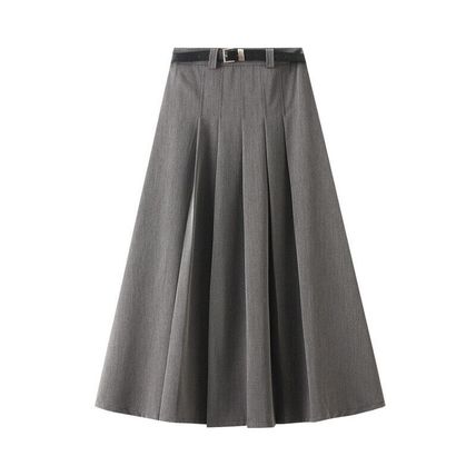 Mid-length high-waisted skirt women for casual pleated skirt with belt