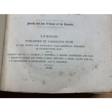 RARE* 1852 "HANSARD'S PARLIAMENTARY DEBATES FOR THE YEAR 1852" 1.3kg BOOK (P7)
