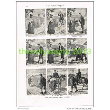 THE UP-TO-DATE LADY CYCLIST, CARTOON HUMOUR, Book Illustration c1895