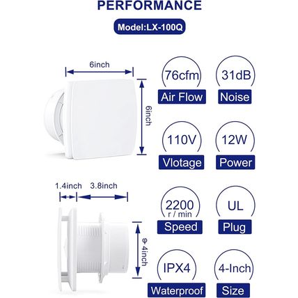 4 Inch Bathroom Wall Exhaust Fan, White, 76CFM, Anti-Backflow Check Valve, 3.3Ft