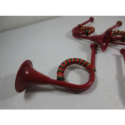 Set of 5 Decorative Christmas French Horns Bugles Metal Red w/ Red Green Gold 4"
