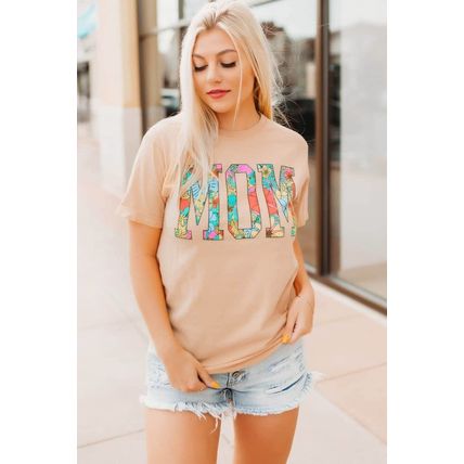 Khaki MOM Floral Letter Print T Shirt