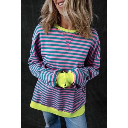 Green Stripe Oversized Contrast Trim Pullover Sweatshirt