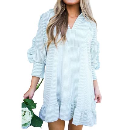 Myosotis Seersucker Ruffled Puff Sleeve Stand Neck Mini Dress