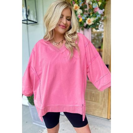 Bonbon Bracelet Sleeve Mineral Washed V Neck T Shirt