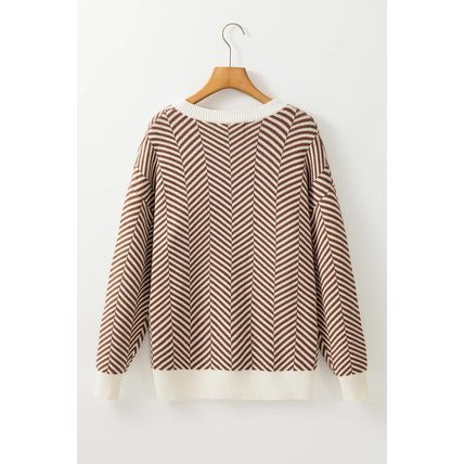 Coffee Contrast Edge Crew Neck Drop Shoulder Sweater