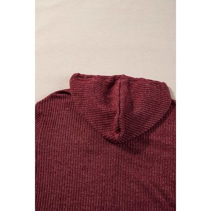 Red Dahlia Ribbed Zip Up Front Drawstring Hoodie