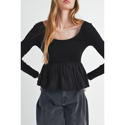 Black Ribbed Knit Long Sleeve Scoop Neck Peplum Patchwork Top