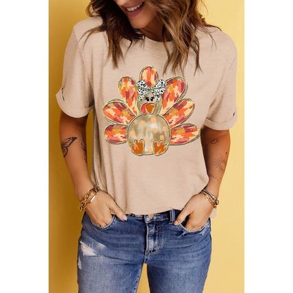 Khaki Thanksgiving Bowknot Turkey Graphic Crewneck Tee