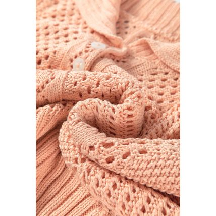 Apricot Pink Hollowed Knit 3/4 Dolman Sleeve Buttoned Collared Sweater