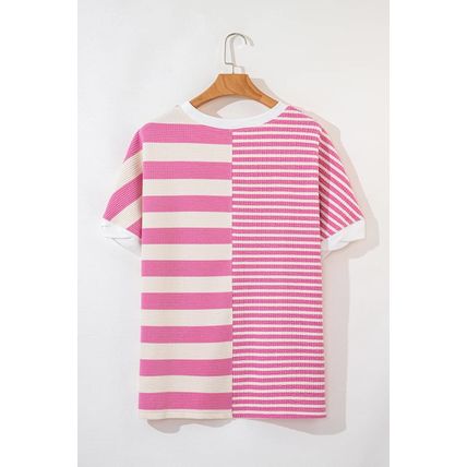 Pink Stripe Patchwork Textured Short Sleeve High Low Loose Top