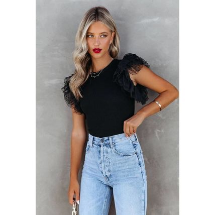Black Dotty Mesh Ruffle Sleeve Ribbed Knit Top