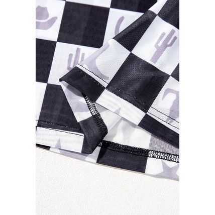 Black Checkerboard Western Elements Printed Mesh Long Sleeve Top