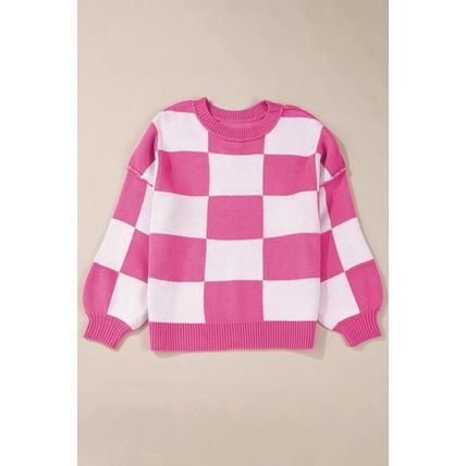 Rose Stripe Checkered Bishop Sleeve Sweater