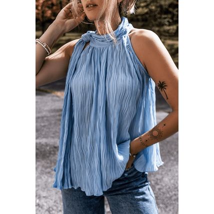 Myosotis Textured Pleated Tied Mock Neck Flowy Tank Top