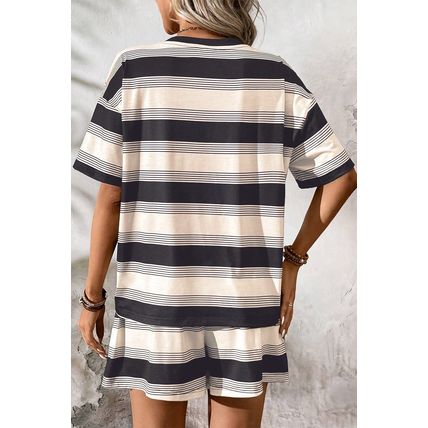 Black Stripe Short Sleeve T Shirt and High Waist Pocketed Shorts Set