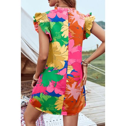 Pink Bold Floral Flutter Sleeve Shift Mini Dress with Pockets