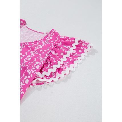 Pink Floral Print Ric-rac Tiered Ruffled V Neck Blouse