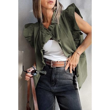 Green Bay Ruffled Patchwork Denim Jacket Vest