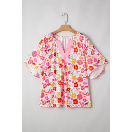 White Floral Split V Neck Wide Short Sleeve Plus Size Blouse Top